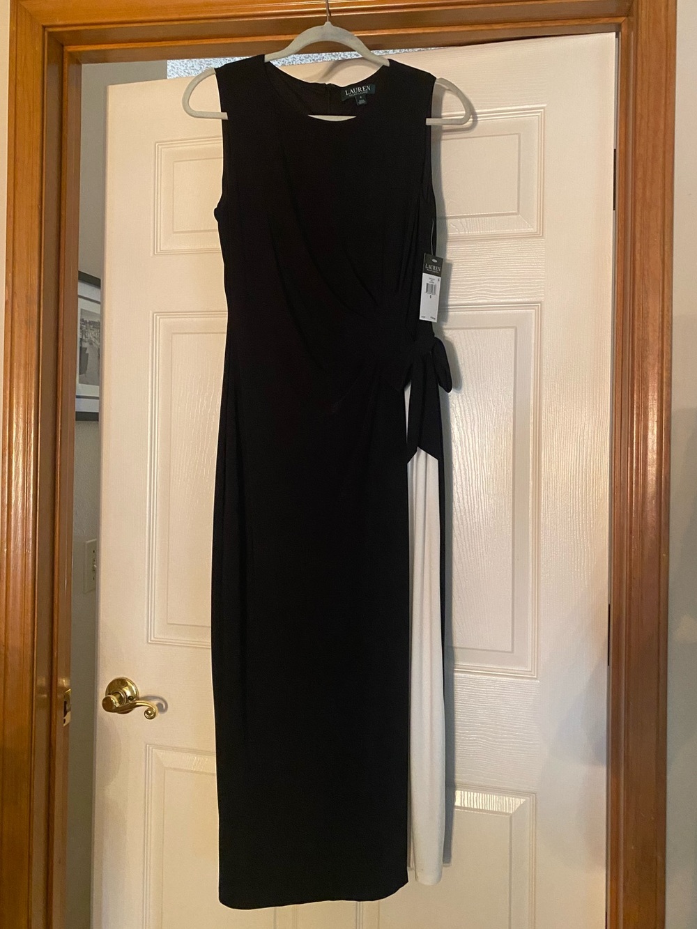 Ralph Lauren Black Sleeveless Midi Dress with Side Tie and White Panel